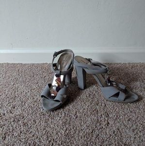 Grey heels with jewel embellishments